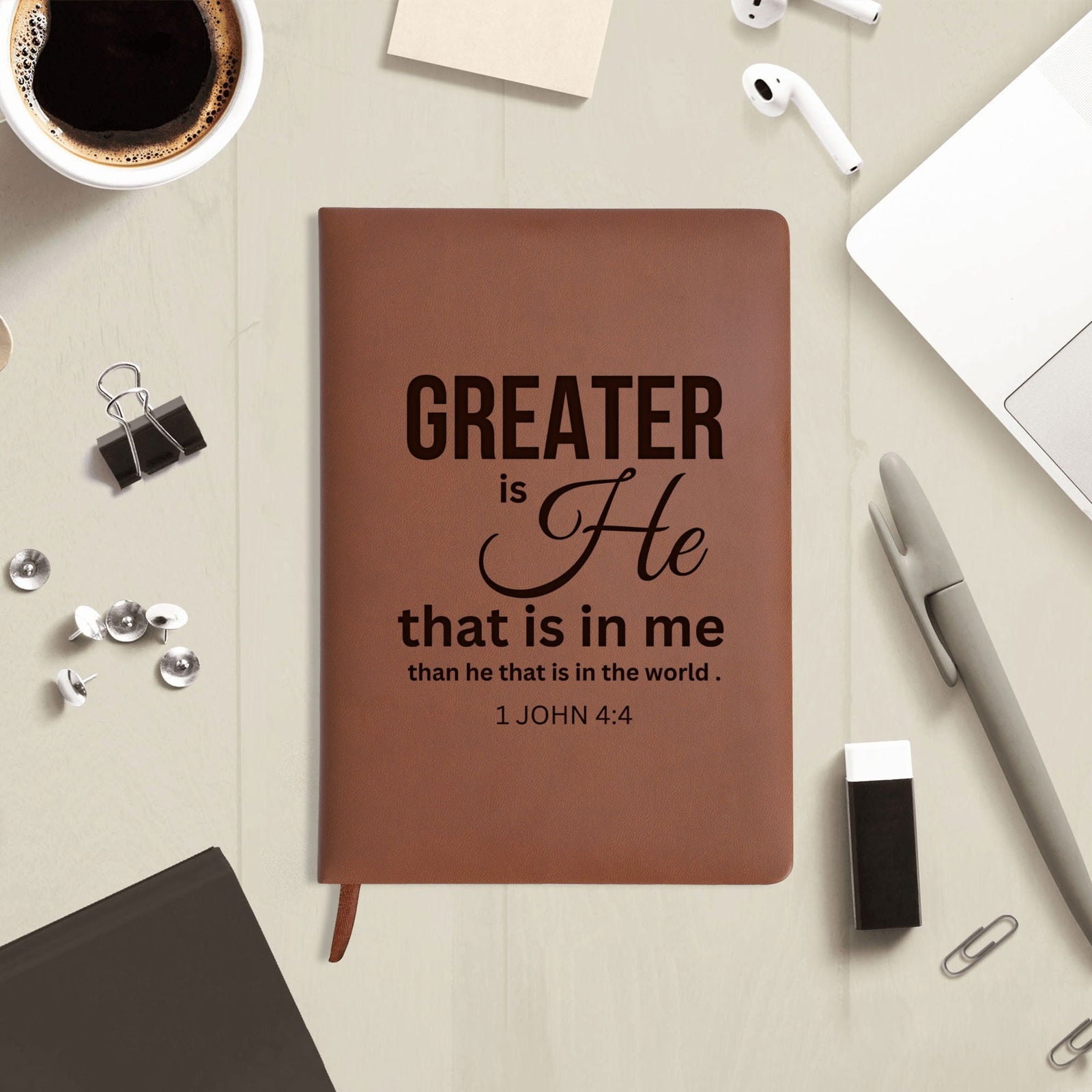 Greater Is He Engraved Brown Christian Journal Diary Gift for Friends Family - ClaimedbyGodDesigns