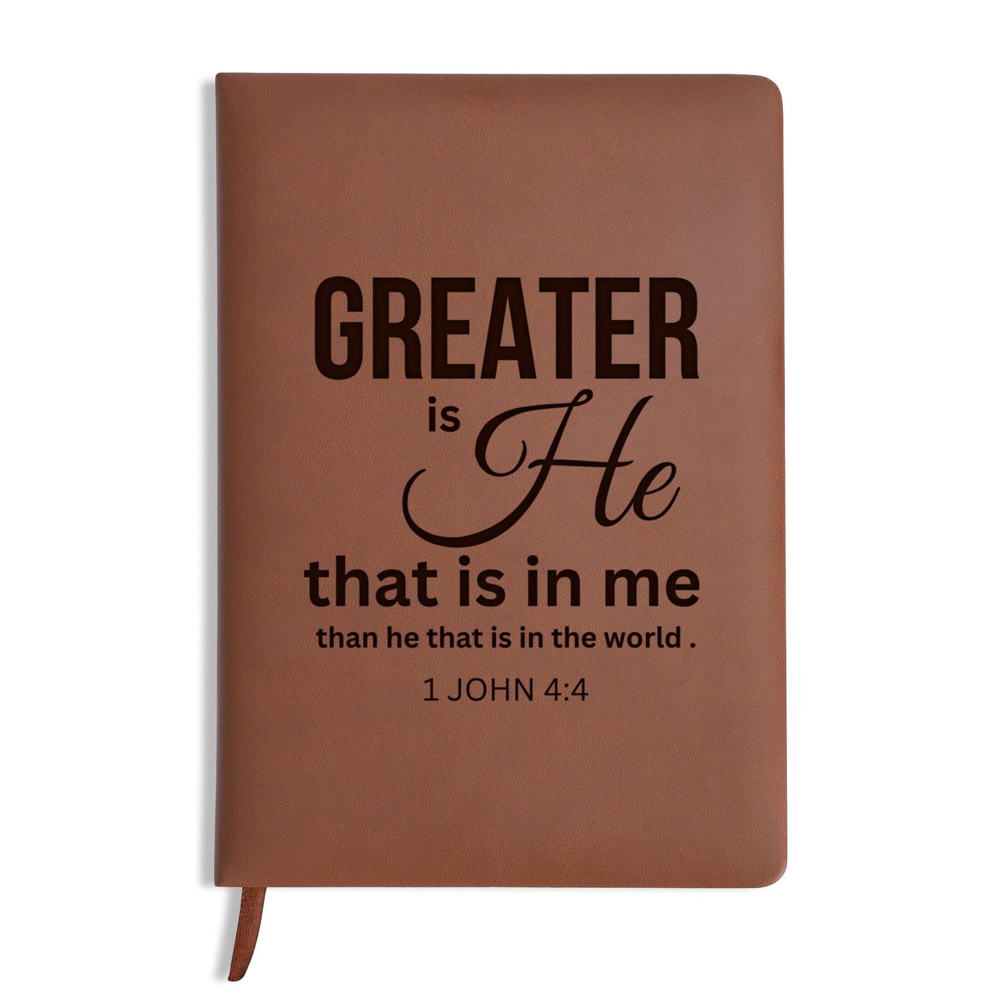 Greater Is He Engraved Brown Christian Journal Diary Gift for Friends Family - ClaimedbyGodDesigns