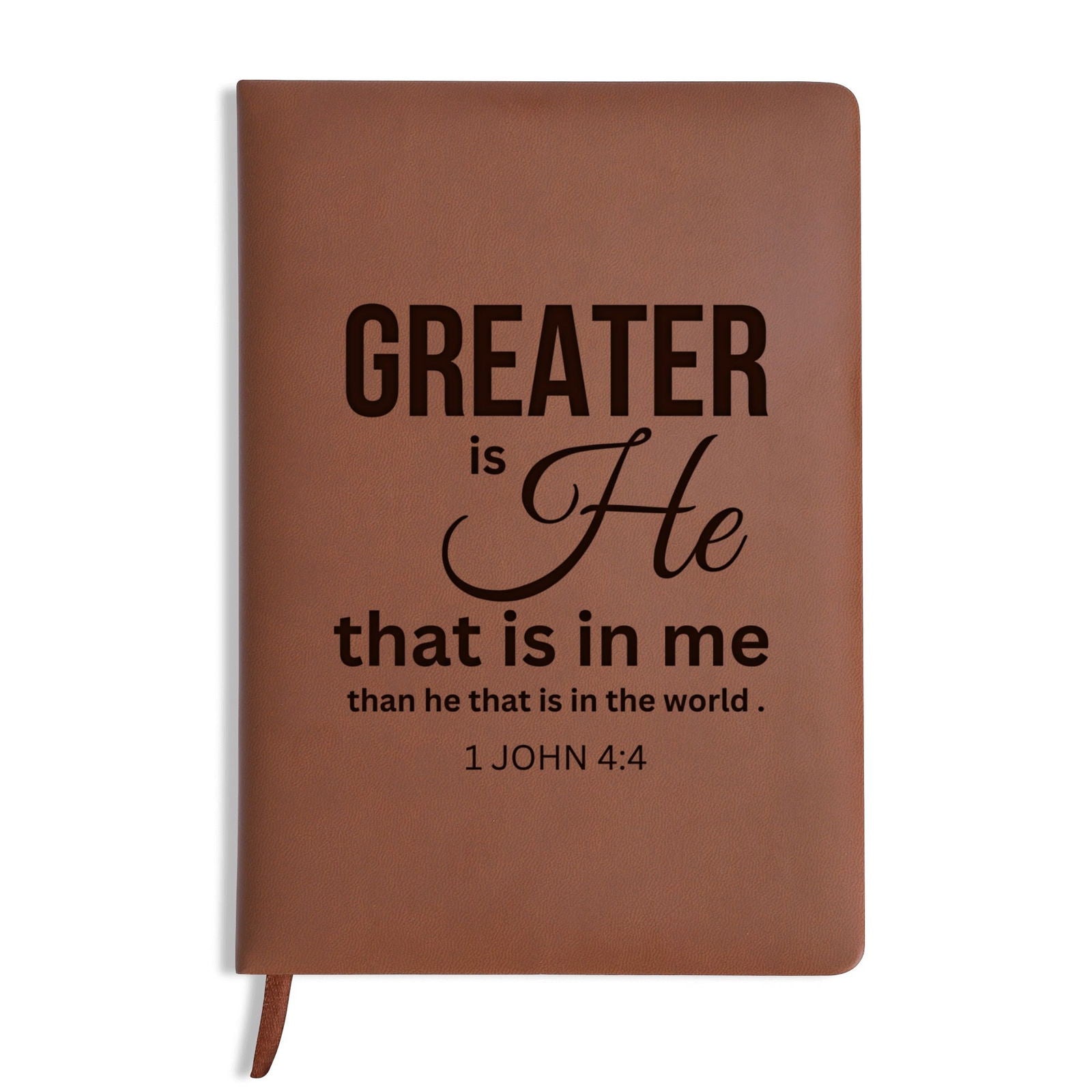 Greater Is He Engraved Brown Christian Journal Diary Gift for Friends Family - ClaimedbyGodDesigns