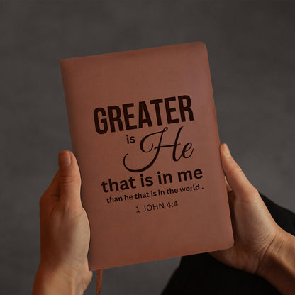 Greater Is He Engraved Brown Christian Journal Diary Gift for Friends Family - ClaimedbyGodDesigns