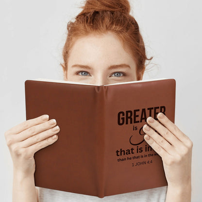 Greater Is He Engraved Brown Christian Journal Diary Gift for Friends Family - ClaimedbyGodDesigns