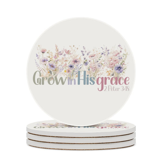 Grow In HIs Grace Christian Round Ceramic Coaster - ClaimedbyGodDesigns
