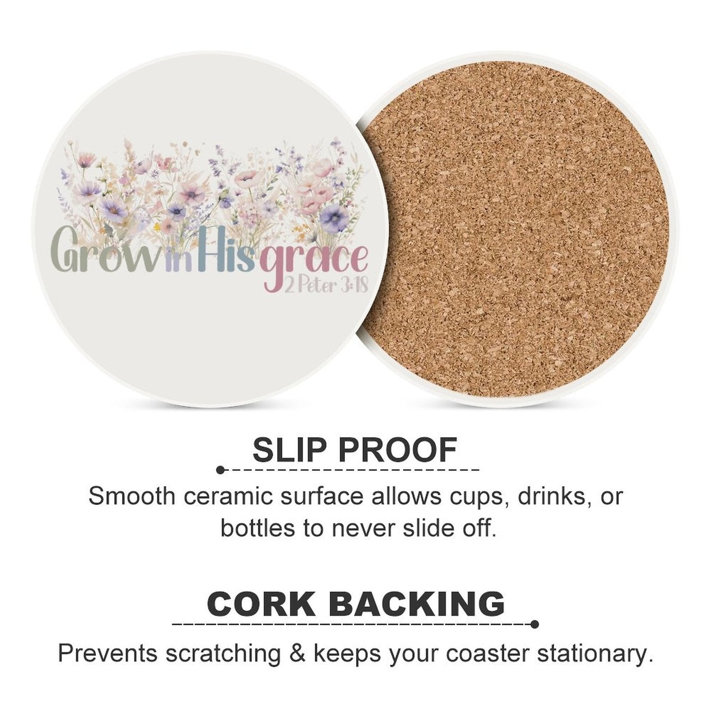 Grow In HIs Grace Christian Round Ceramic Coaster - ClaimedbyGodDesigns