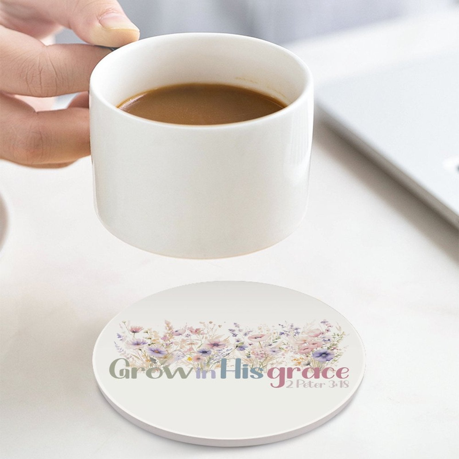 Grow In HIs Grace Christian Round Ceramic Coaster - ClaimedbyGodDesigns