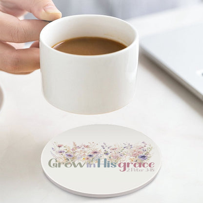 Grow In HIs Grace Christian Round Ceramic Coaster - ClaimedbyGodDesigns