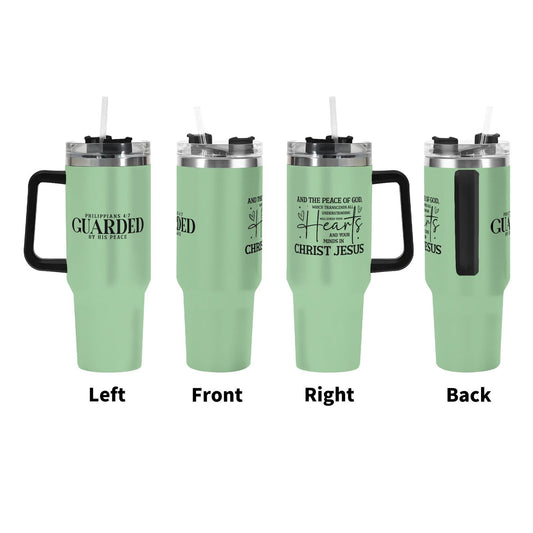 Guarded By His Peace  40oz Stainless Steel Christian Tumbler Gift With Black Handle and Straw - ClaimedbyGodDesigns