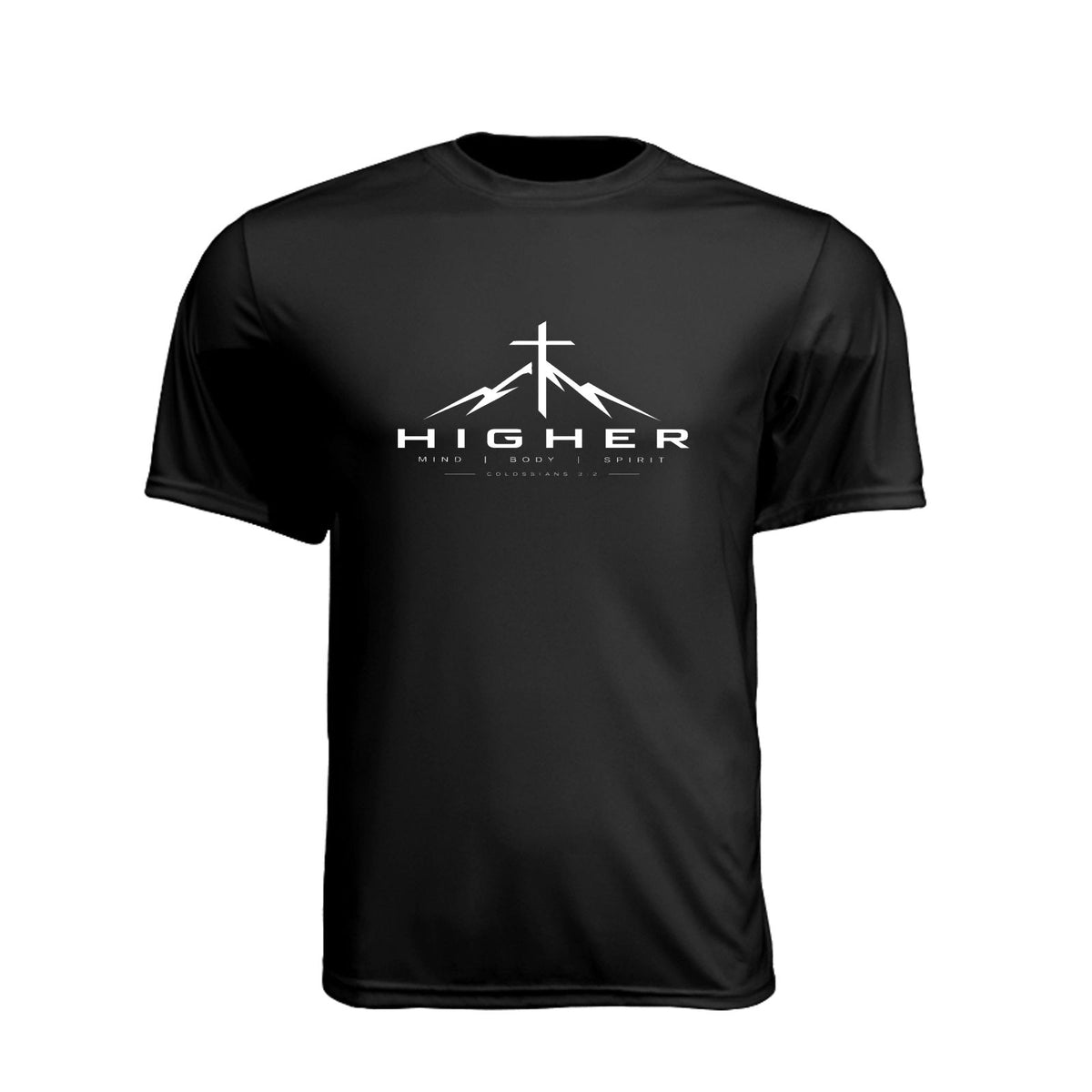 HIGHER Mind Body Spirit Mountain Unisex Christian Gym T-Shirt | Colossians 3:2 - Claimed by God Designs