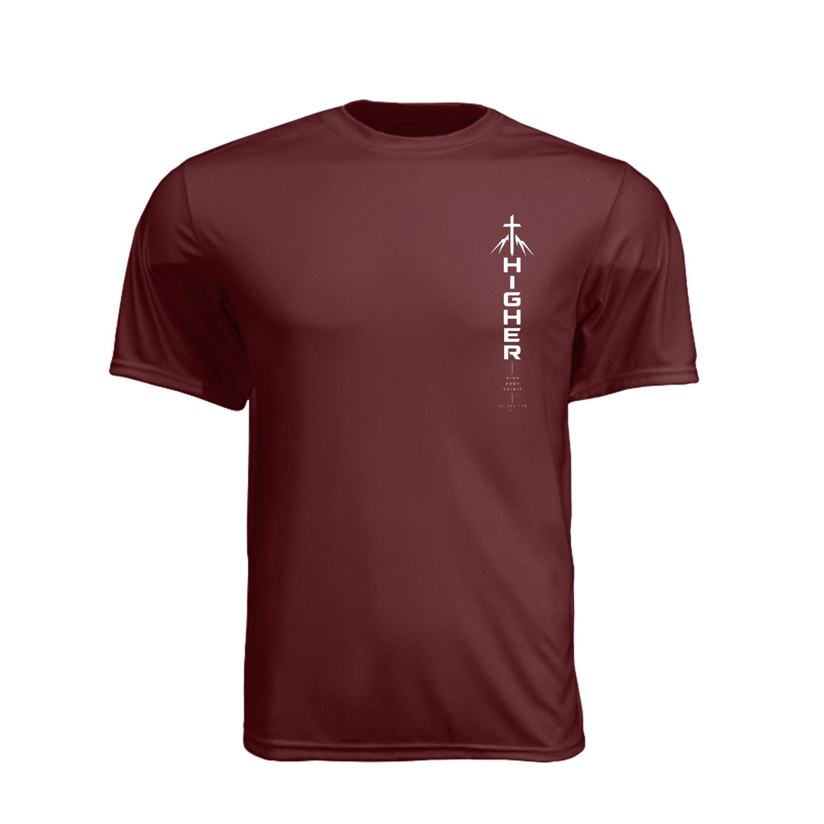 HIGHER Mind Body Spirit Vertical Unisex Christian Gym T-Shirt | Colossians 3:2 - Claimed by God Designs