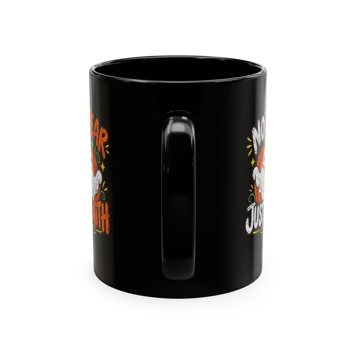 Halloween Ghost Christian Ceramic Mug — "No Fear, Just Faith" Pumpkin Coffee Cup - ClaimedbyGodDesigns