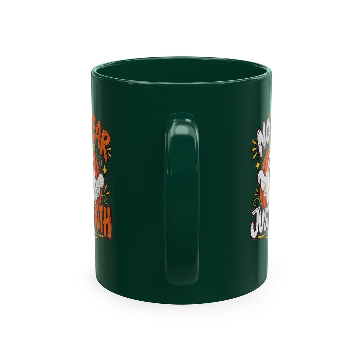 Halloween Ghost Christian Ceramic Mug — "No Fear, Just Faith" Pumpkin Coffee Cup - ClaimedbyGodDesigns
