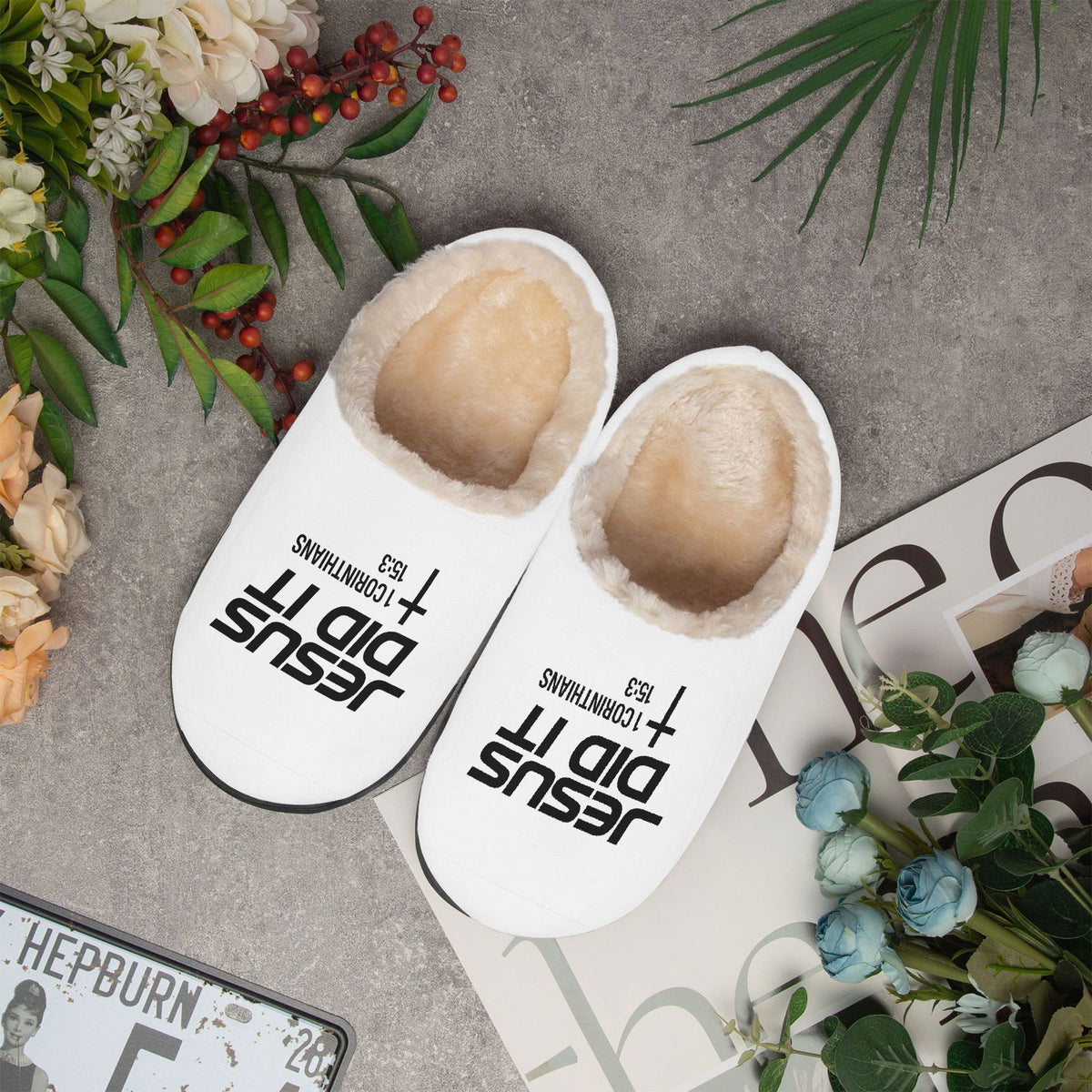 He Did It Christian Fluffy Bedroom Slippers - ClaimedbyGodDesigns