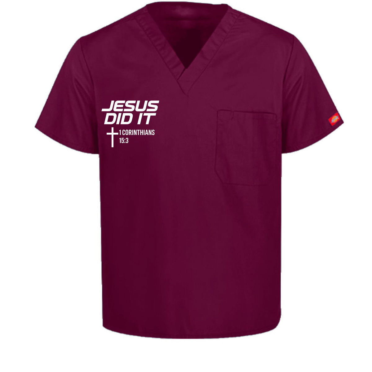 He Did It Unisex 1-Pocket Tuckable V-Neck Medical Scrub Top - ClaimedbyGodDesigns