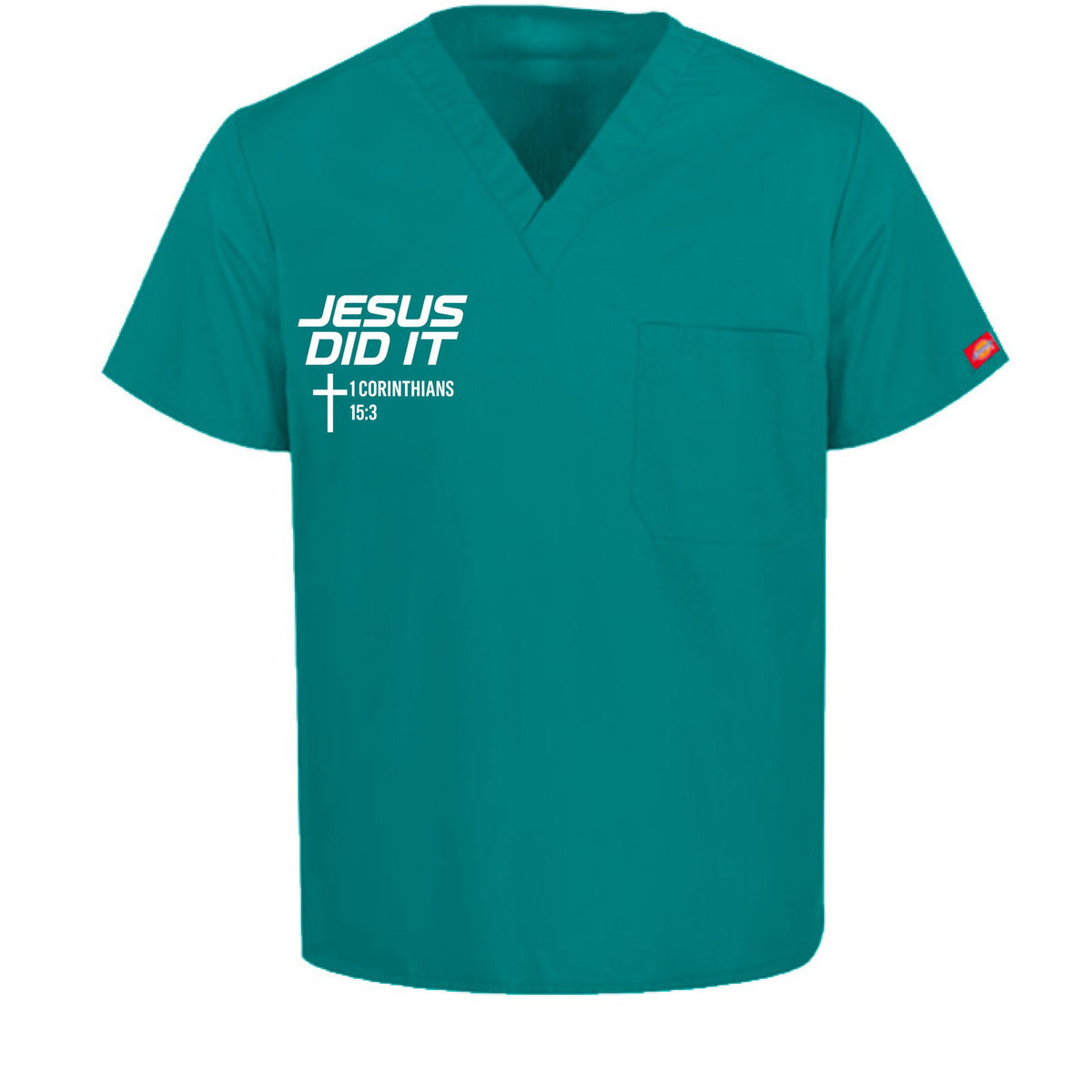 He Did It Unisex 1-Pocket Tuckable V-Neck Medical Scrub Top - ClaimedbyGodDesigns