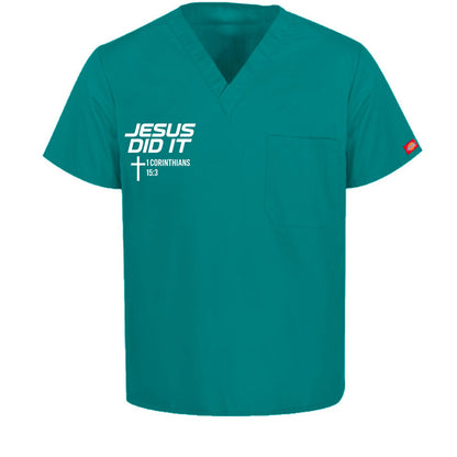 He Did It Unisex 1-Pocket Tuckable V-Neck Medical Scrub Top - ClaimedbyGodDesigns
