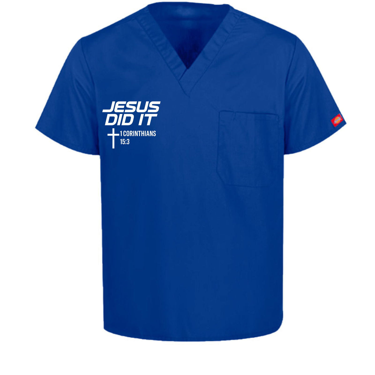 He Did It Unisex 1-Pocket Tuckable V-Neck Medical Scrub Top - ClaimedbyGodDesigns