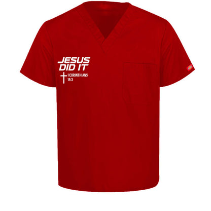 He Did It Unisex 1-Pocket Tuckable V-Neck Medical Scrub Top - ClaimedbyGodDesigns