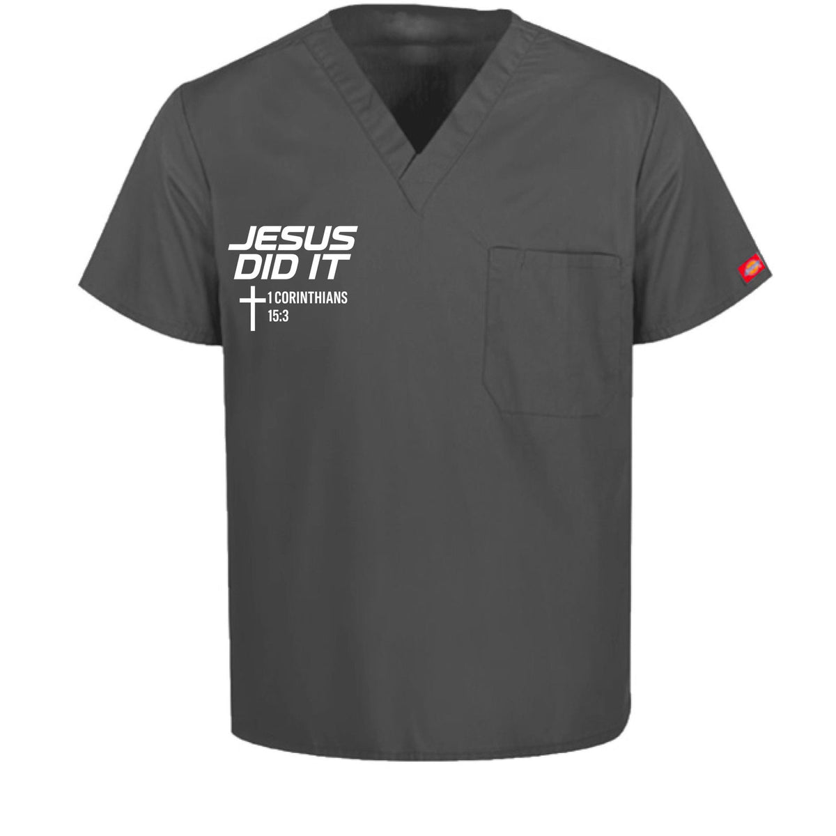 He Did It Unisex 1-Pocket Tuckable V-Neck Medical Scrub Top - ClaimedbyGodDesigns