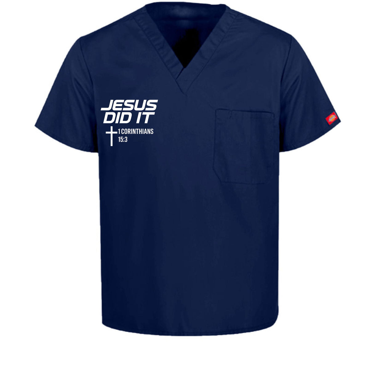 He Did It Unisex 1-Pocket Tuckable V-Neck Medical Scrub Top - ClaimedbyGodDesigns