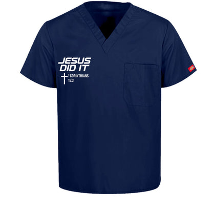He Did It Unisex 1-Pocket Tuckable V-Neck Medical Scrub Top - ClaimedbyGodDesigns
