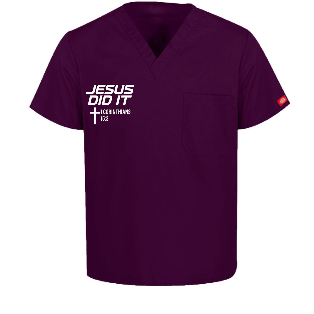 He Did It Unisex 1-Pocket Tuckable V-Neck Medical Scrub Top - ClaimedbyGodDesigns