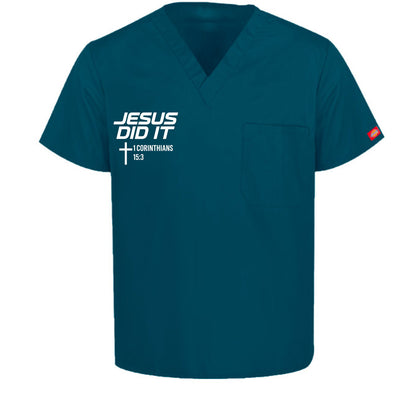 He Did It Unisex 1-Pocket Tuckable V-Neck Medical Scrub Top - ClaimedbyGodDesigns
