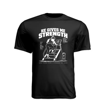 He Gives Me Strength Unisex Christian Gym T-Shirt | Isaiah 40:31 Stair Climber - Claimed by God Designs