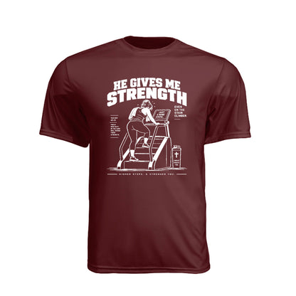 He Gives Me Strength Unisex Christian Gym T-Shirt | Isaiah 40:31 Stair Climber - Claimed by God Designs