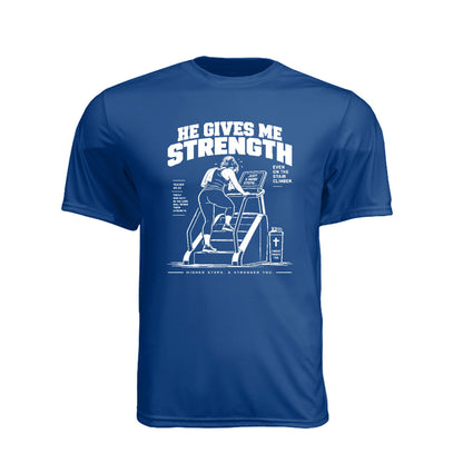 He Gives Me Strength Unisex Christian Gym T-Shirt | Isaiah 40:31 Stair Climber - Claimed by God Designs
