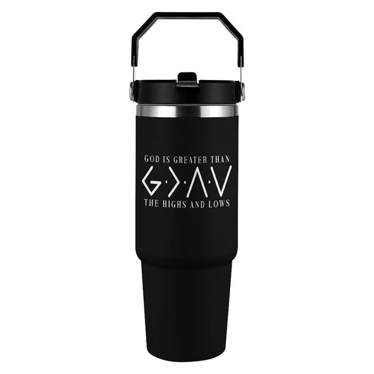 He Is Greater Christian 30oz Car Tumbler with Handle - ClaimedbyGodDesigns
