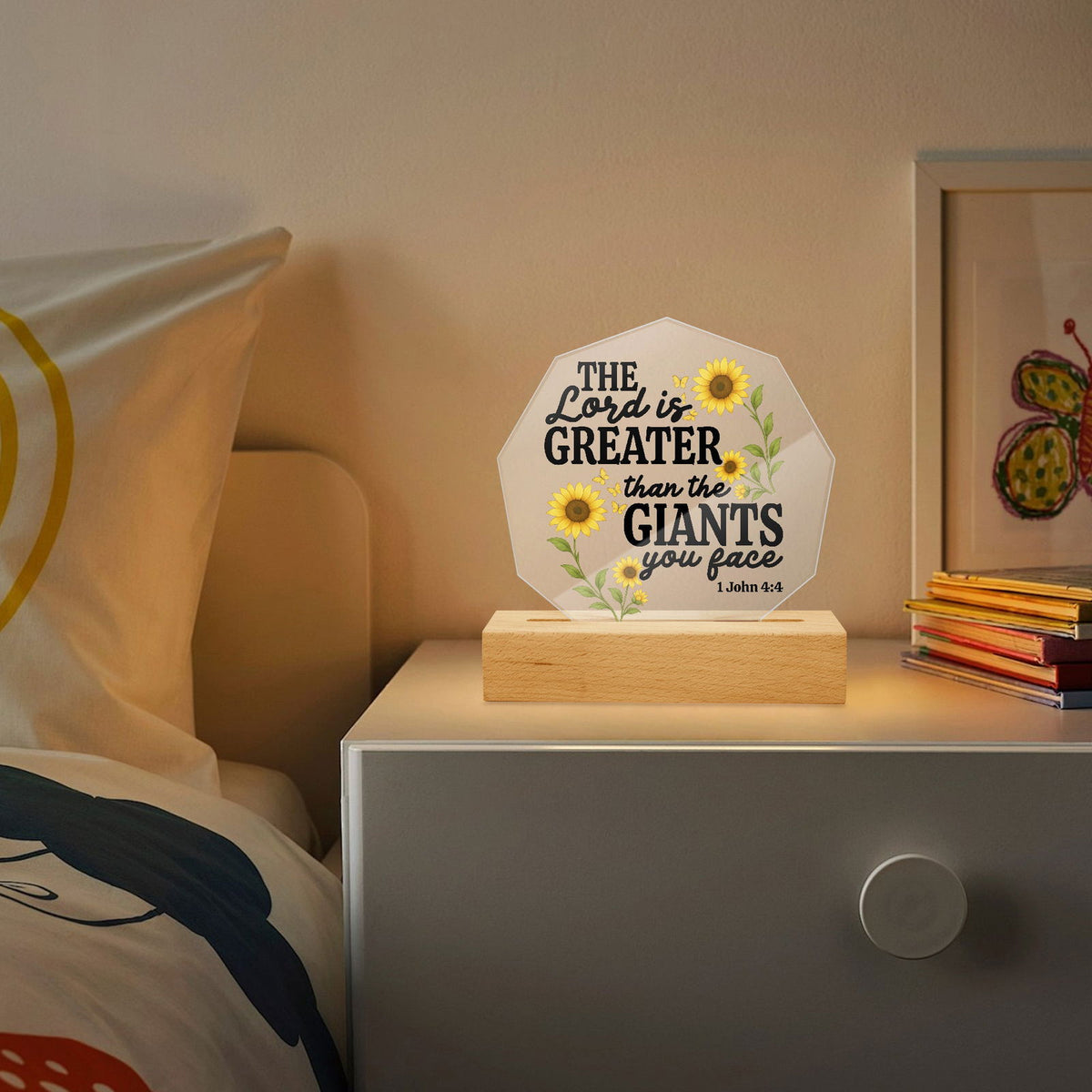 He Is Greater Than The Giants You Face Christian Acrylic Night Light with Stand - Polygon - ClaimedbyGodDesigns