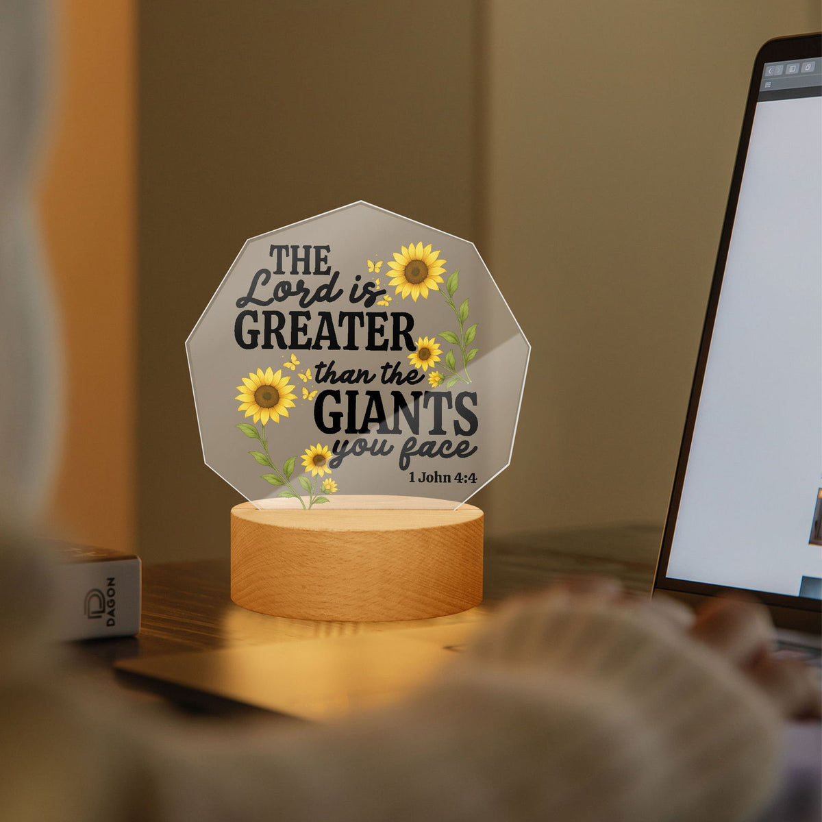 He Is Greater Than The Giants You Face Christian Acrylic Night Light with Stand - Polygon - ClaimedbyGodDesigns