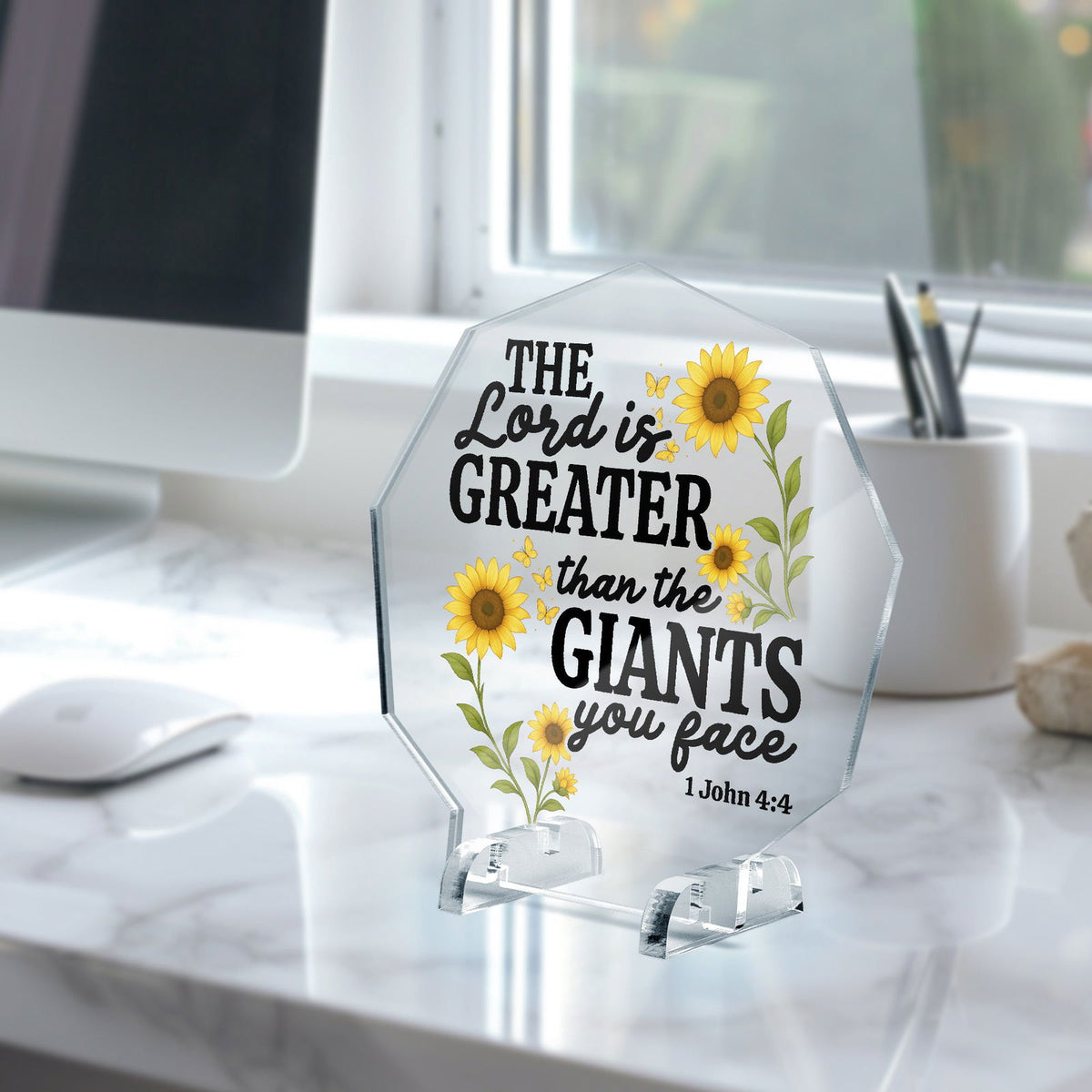 He Is Greater Than The Giants You Face Christian Acrylic Night Light with Stand - Polygon - ClaimedbyGodDesigns