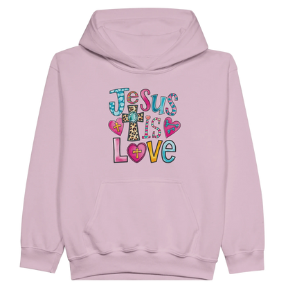 He Is Love Christian Midweight Fleece Youth Hooded Sweatshirt - ClaimedbyGodDesigns