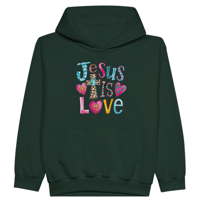 He Is Love Christian Midweight Fleece Youth Hooded Sweatshirt - ClaimedbyGodDesigns
