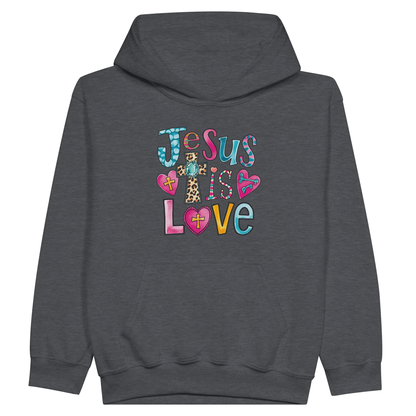 He Is Love Christian Midweight Fleece Youth Hooded Sweatshirt - ClaimedbyGodDesigns