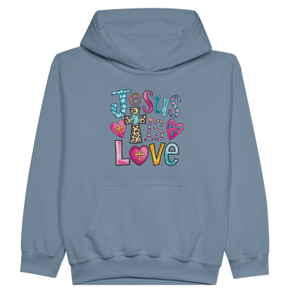 He Is Love Christian Midweight Fleece Youth Hooded Sweatshirt - ClaimedbyGodDesigns