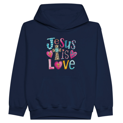 He Is Love Christian Midweight Fleece Youth Hooded Sweatshirt - ClaimedbyGodDesigns