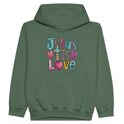 He Is Love Christian Midweight Fleece Youth Hooded Sweatshirt - ClaimedbyGodDesigns