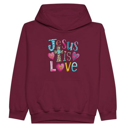 He Is Love Christian Midweight Fleece Youth Hooded Sweatshirt - ClaimedbyGodDesigns