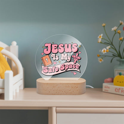 He Is My Safe Space Christian Round Acrylic Night Light- Luminous Base - ClaimedbyGodDesigns