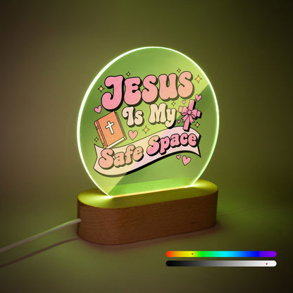 He Is My Safe Space Christian Round Acrylic Night Light- Luminous Base - ClaimedbyGodDesigns