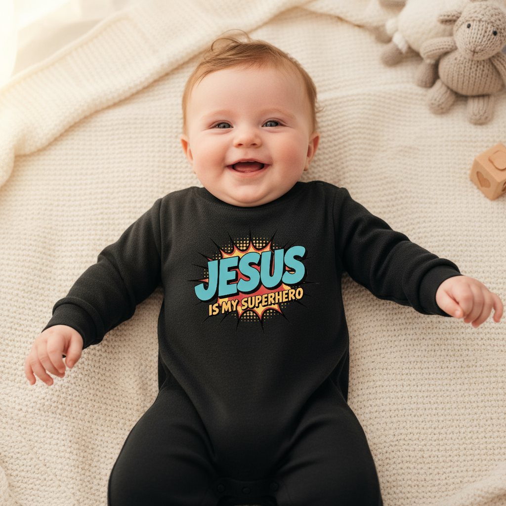 He Is My Superhero Christian Baby Fleece Jumpsuit - ClaimedbyGodDesigns