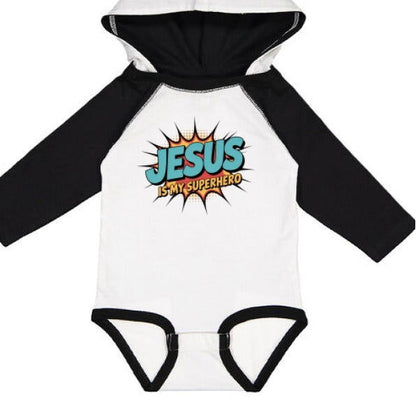 He Is My Superhero Fine Jersey Infant Character Hooded Long Sleeve Christian Baby Onesie with Ears - ClaimedbyGodDesigns