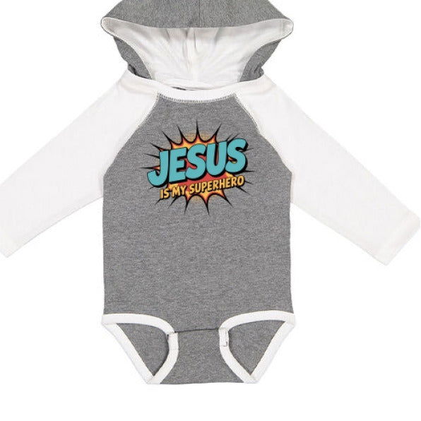 He Is My Superhero Fine Jersey Infant Character Hooded Long Sleeve Christian Baby Onesie with Ears - ClaimedbyGodDesigns