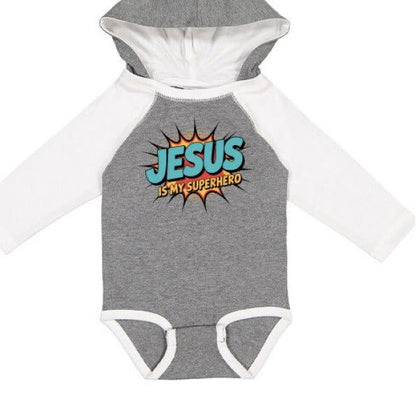 He Is My Superhero Fine Jersey Infant Character Hooded Long Sleeve Christian Baby Onesie with Ears - ClaimedbyGodDesigns