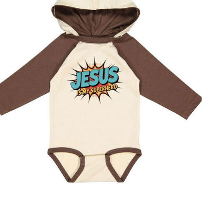 He Is My Superhero Fine Jersey Infant Character Hooded Long Sleeve Christian Baby Onesie with Ears - ClaimedbyGodDesigns