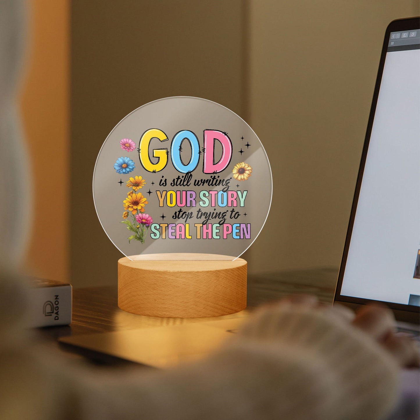 He Is Still Writing Your Story Acrylic Plaque with Stand - Round - ClaimedbyGodDesigns