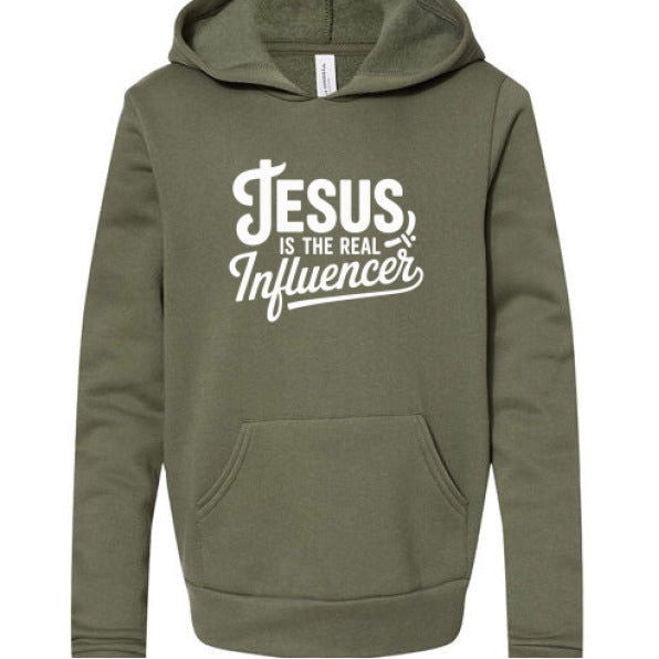 He Is The Real Influencer Youth Christian Sponge Fleece Pullover Hooded Sweatshirt - ClaimedbyGodDesigns