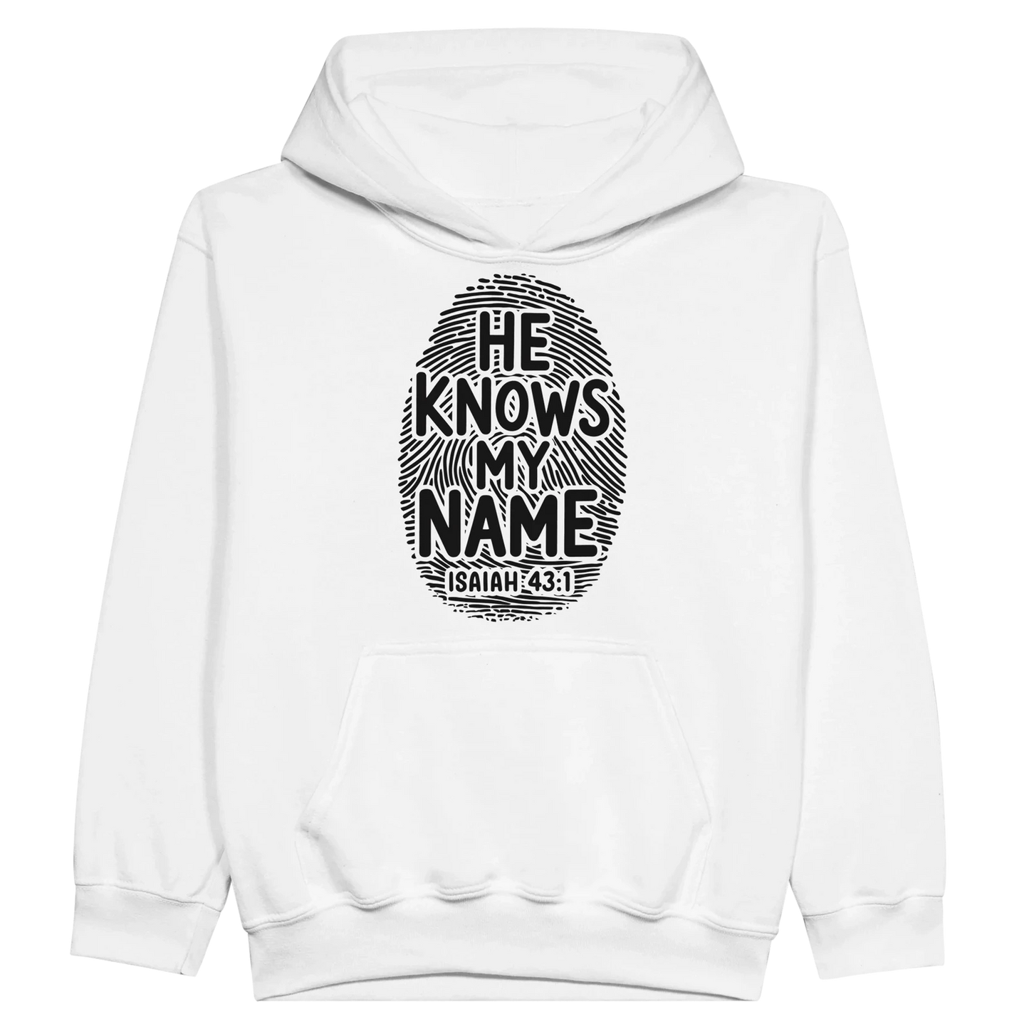 He Knows My Name Christian Midweight Fleece Youth Hooded Sweatshirt - ClaimedbyGodDesigns