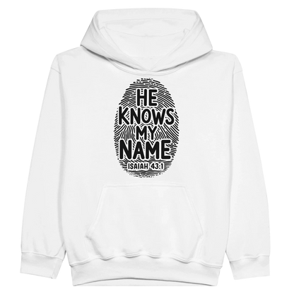 He Knows My Name Christian Midweight Fleece Youth Hooded Sweatshirt - ClaimedbyGodDesigns